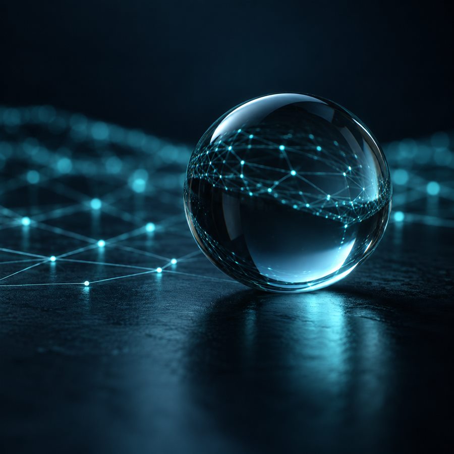 Glass sphere refracting a delicate cyan grid