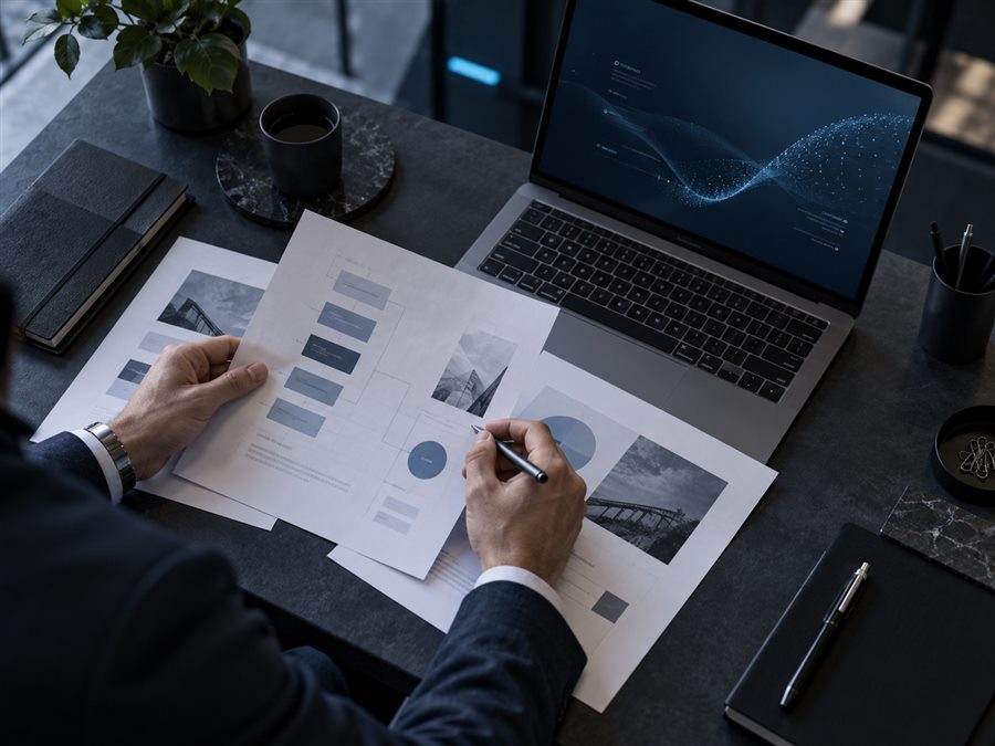 Consultant reviewing business notes beside a laptop