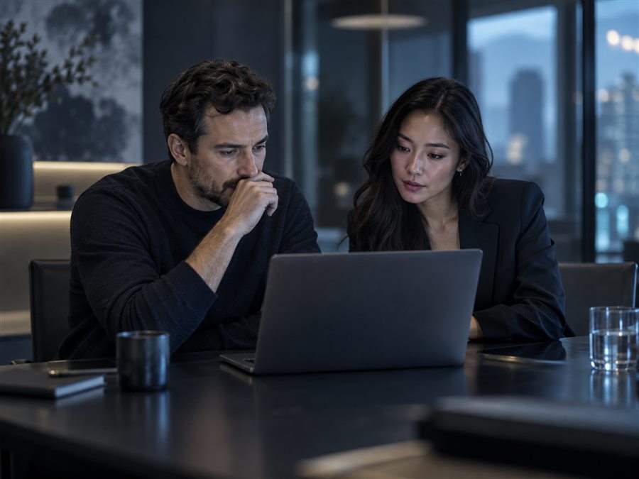 Two colleagues reviewing work together on a laptop
