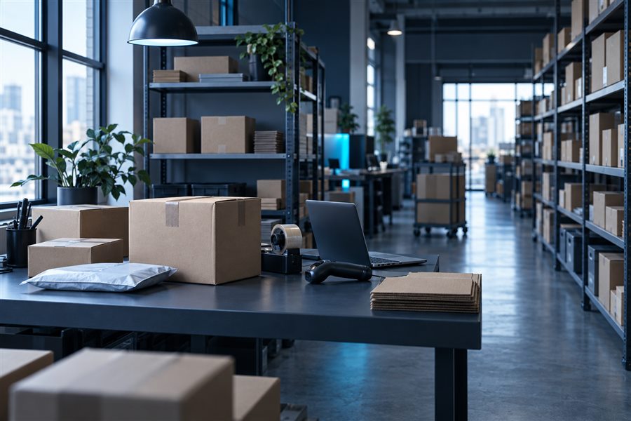 Order parcels in a blue-lit fulfilment centre