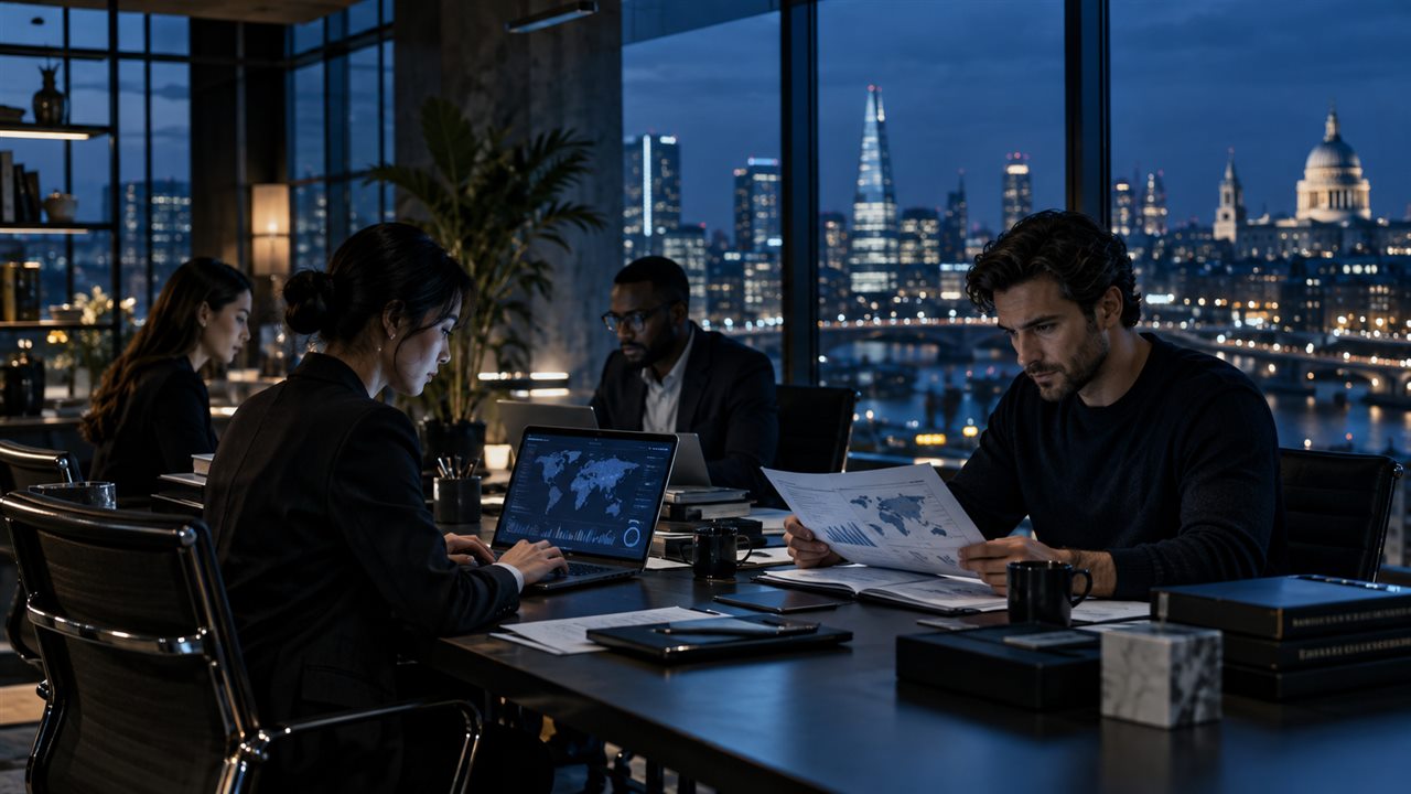Business team reviewing data and working together in a modern office